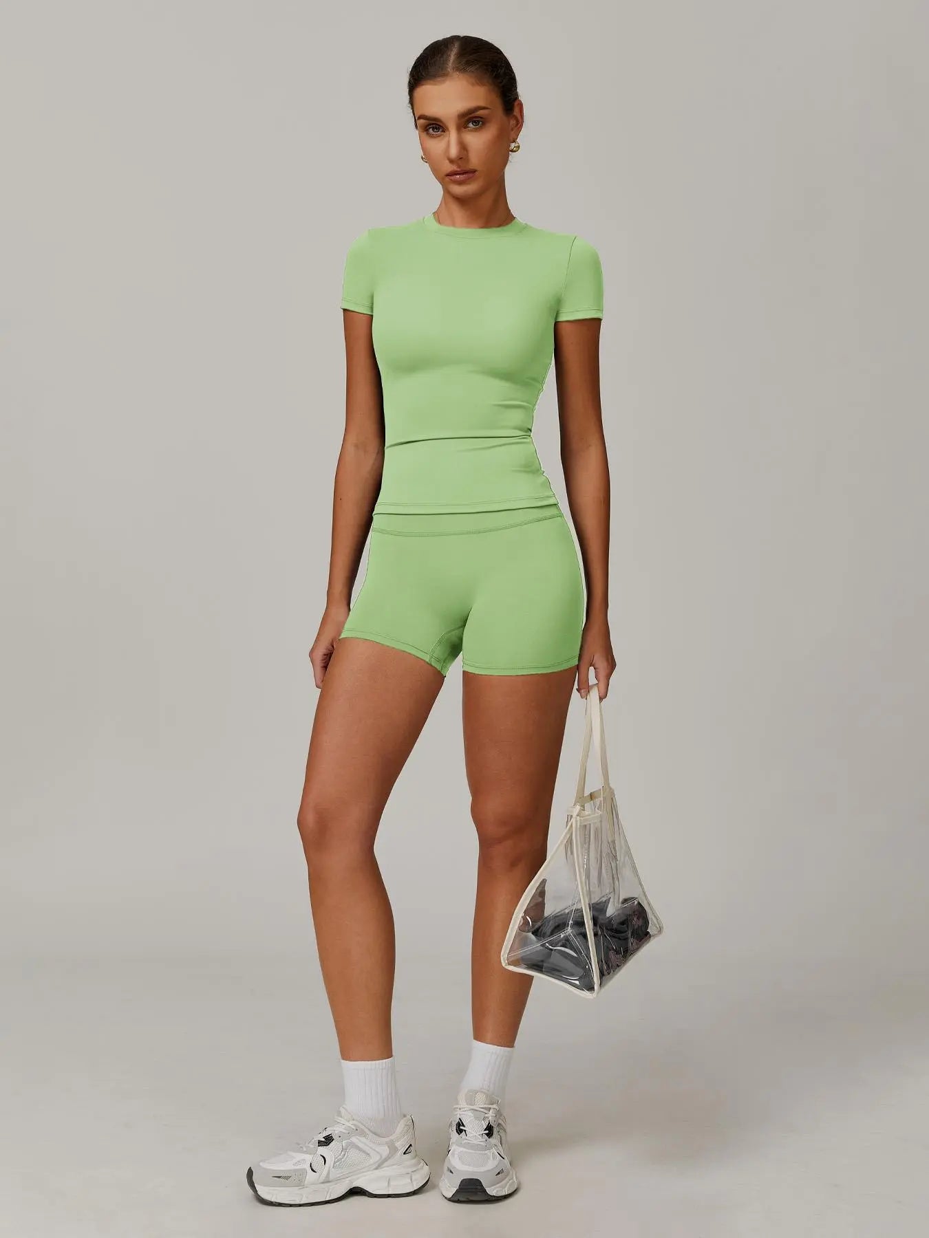 Women'S Solid Ribbed Crop Tee & High Waist Shorts Set, Quick Drying for Yoga Gym Workout Running, Ladies Sportswear for All Seasons, Workout Sets Women, Women Workout Clothes, Fitness Clothing, Casual Activewear, Fitness Summer Bottoms