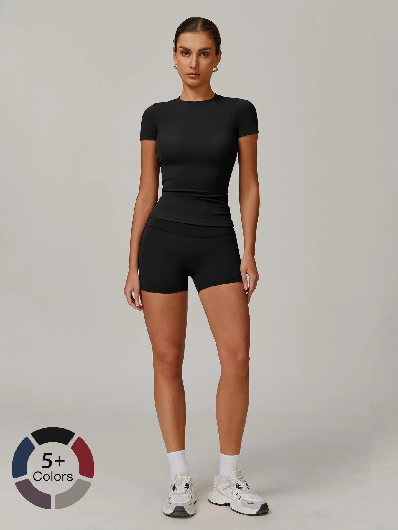 Women'S Solid Ribbed Crop Tee & High Waist Shorts Set, Quick Drying for Yoga Gym Workout Running, Ladies Sportswear for All Seasons, Workout Sets Women, Women Workout Clothes, Fitness Clothing, Casual Activewear, Fitness Summer Bottoms