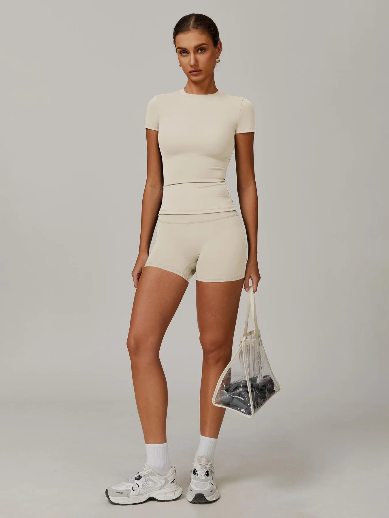 Women'S Solid Ribbed Crop Tee & High Waist Shorts Set, Quick Drying for Yoga Gym Workout Running, Ladies Sportswear for All Seasons, Workout Sets Women, Women Workout Clothes, Fitness Clothing, Casual Activewear, Fitness Summer Bottoms