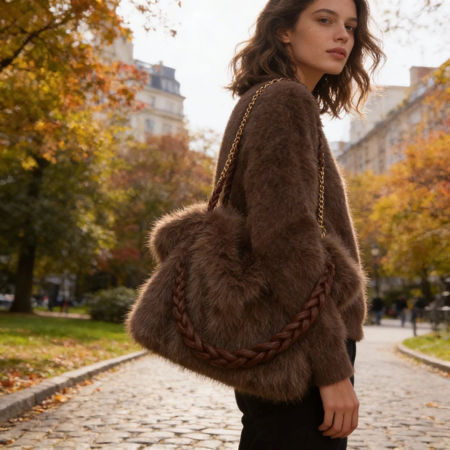 Valentina | Women’S Tote Bag with Soft Plush Finish and Braided Top Handle | Luxe