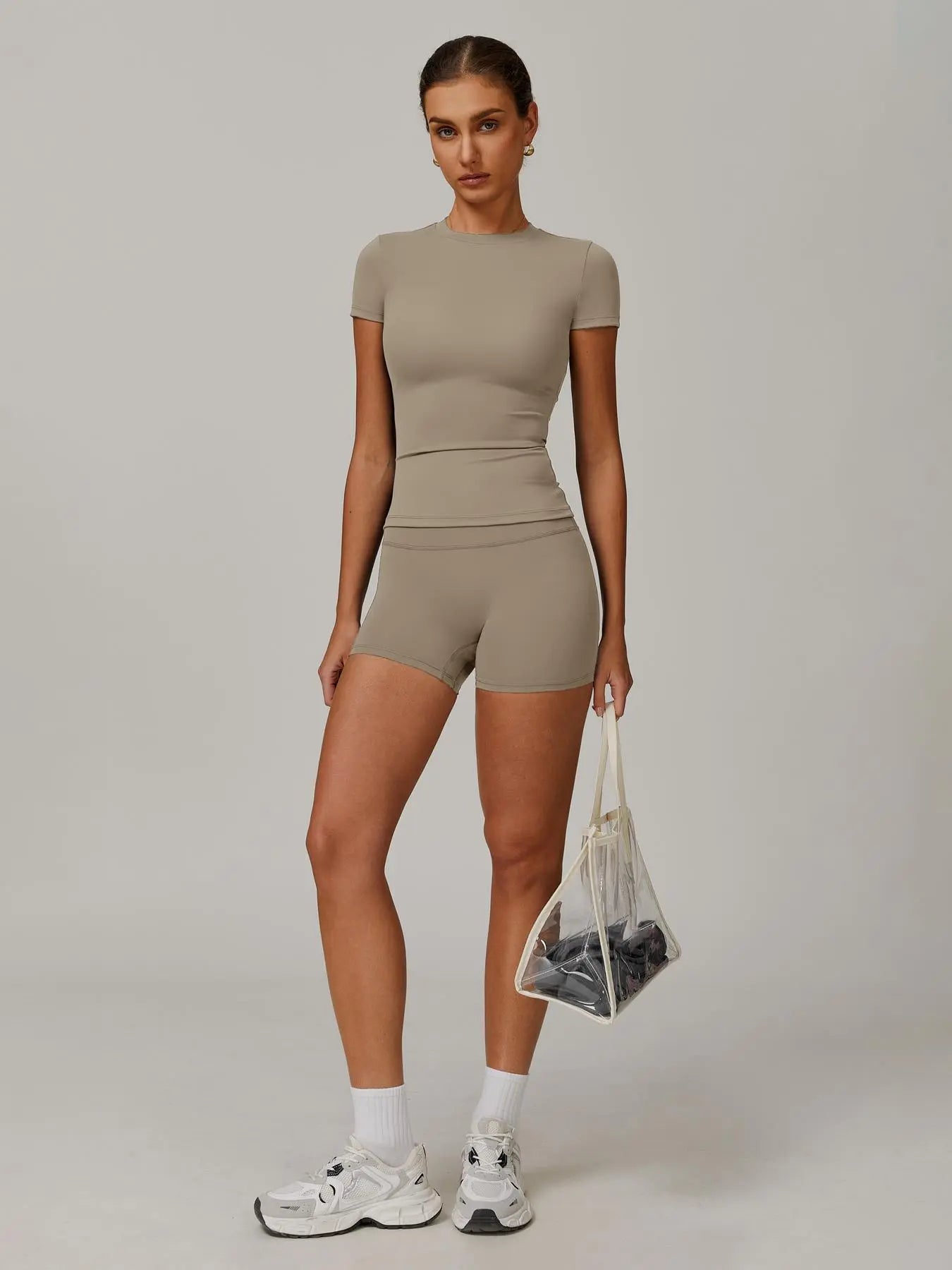 Women'S Solid Ribbed Crop Tee & High Waist Shorts Set, Quick Drying for Yoga Gym Workout Running, Ladies Sportswear for All Seasons, Workout Sets Women, Women Workout Clothes, Fitness Clothing, Casual Activewear, Fitness Summer Bottoms